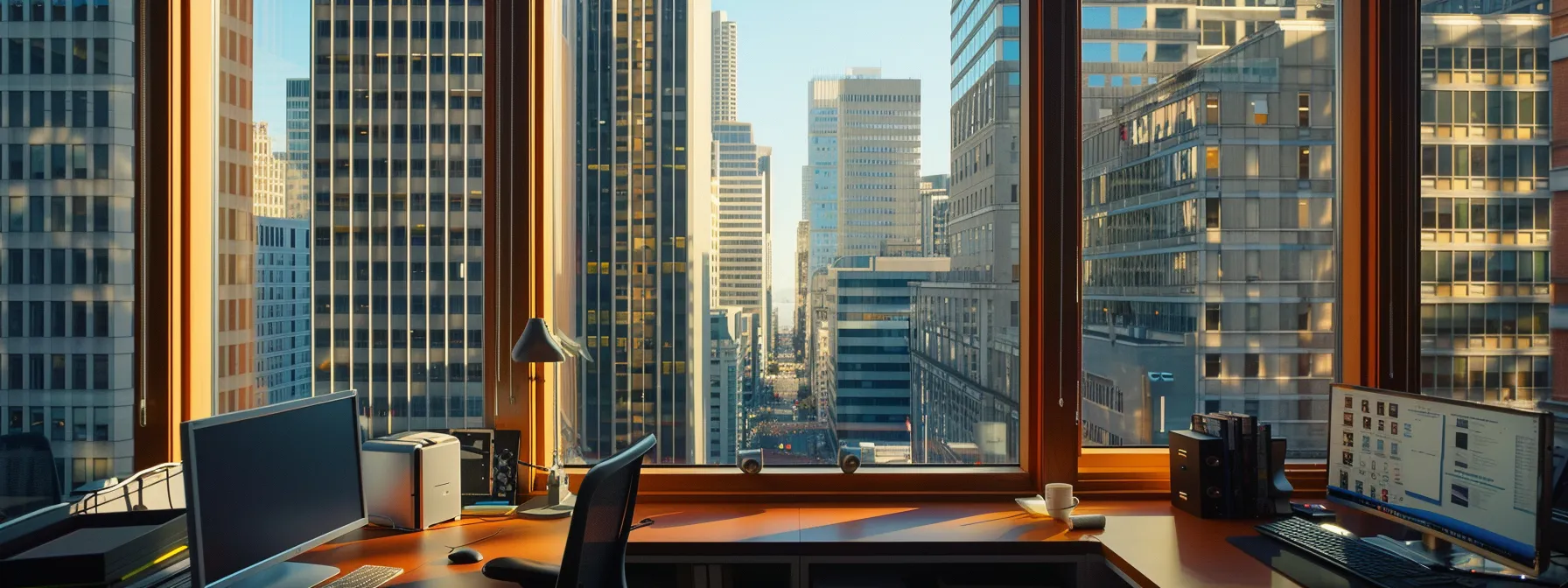 a sleek, modern office space in downtown san francisco with organized supplies, state-of-the-art it systems, and updated branding materials, reflecting efficiency and professionalism.