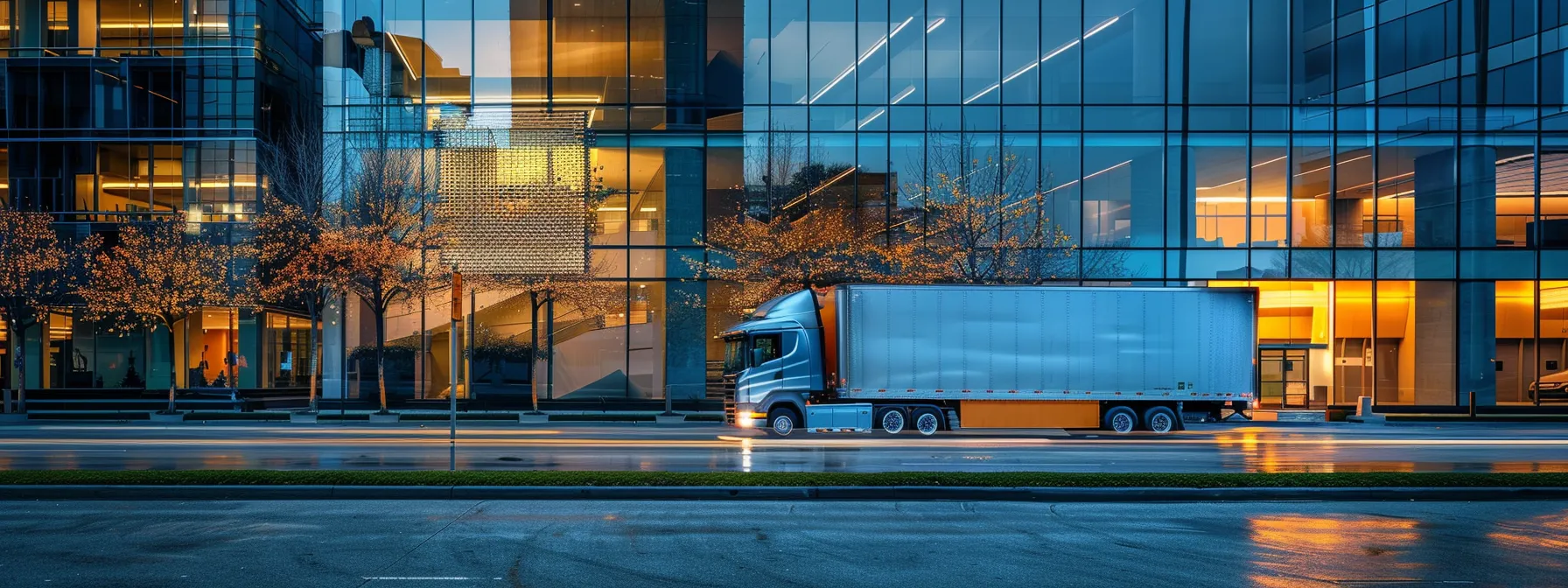 a sleek moving truck parked in front of a modern san francisco office building, symbolizing efficient business relocation services in the city.
