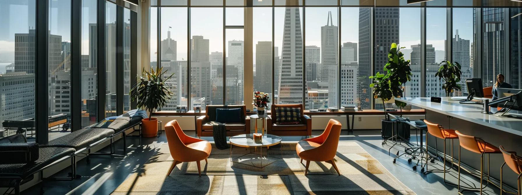 a sleek office space overlooking the iconic san francisco skyline, filled with modern furniture and bustling employees, showcasing a seamless business relocation in progress. a sleek office space overlooking the iconic san francisco skyline, filled with modern furniture and bustling employees, showcasing a seamless business relocation in progress.