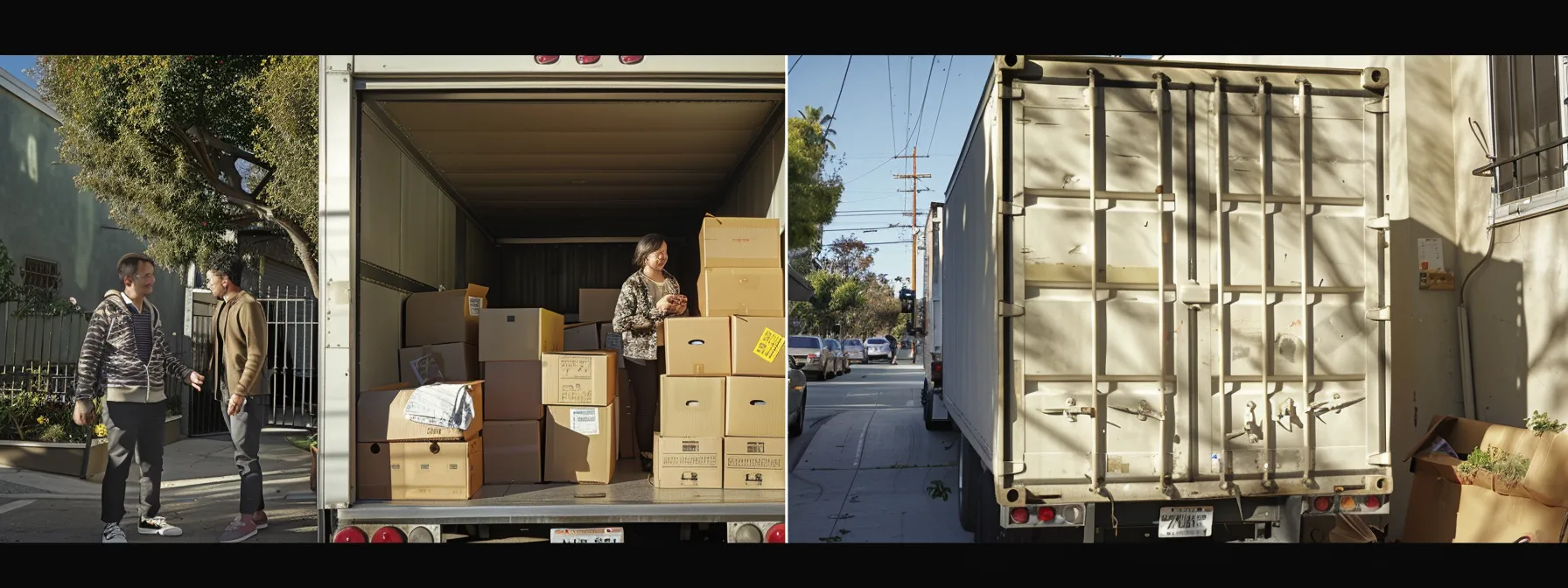 a smiling couple happily packing their valuables into a compact moving truck in sunny los angeles.