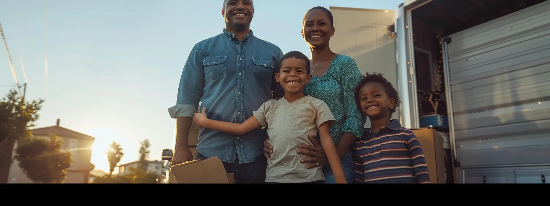 a smiling family standing in front of a moving truck, ready to embark on their stress-free relocation journey with the help of professional movers.