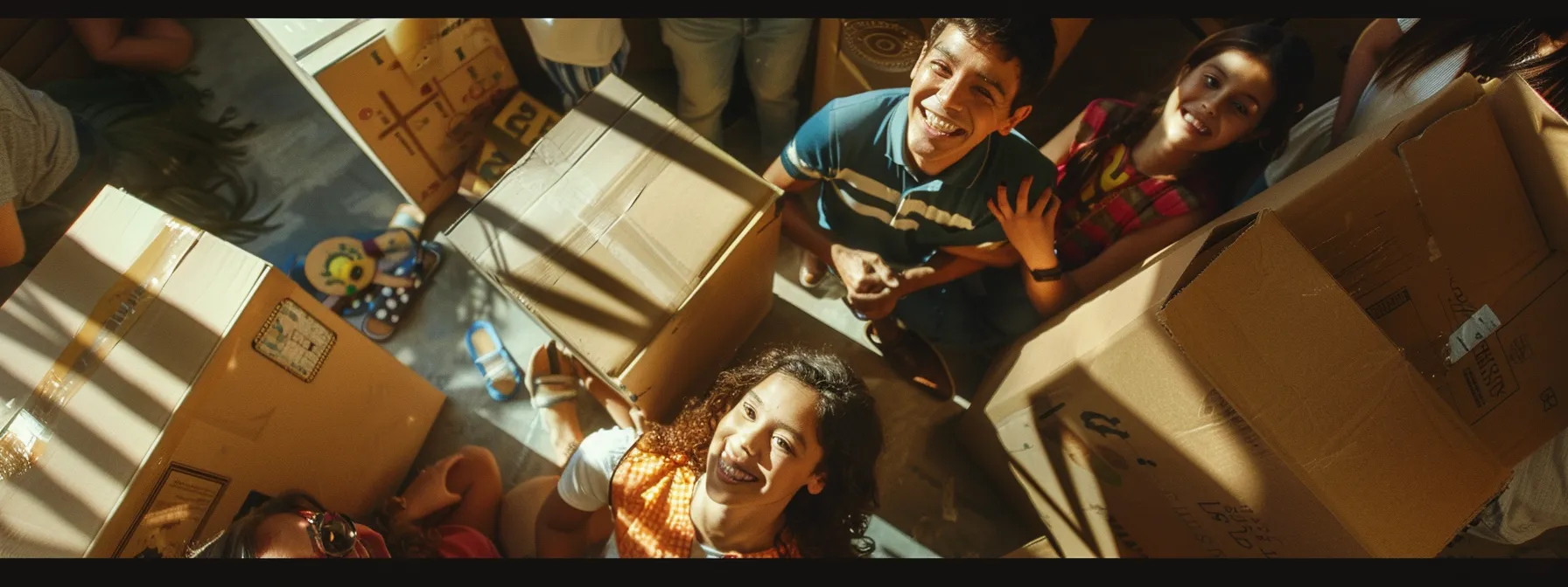 a smiling family surrounded by moving boxes and a professional la movers team, capturing the excitement and relief of a stress-free moving day.