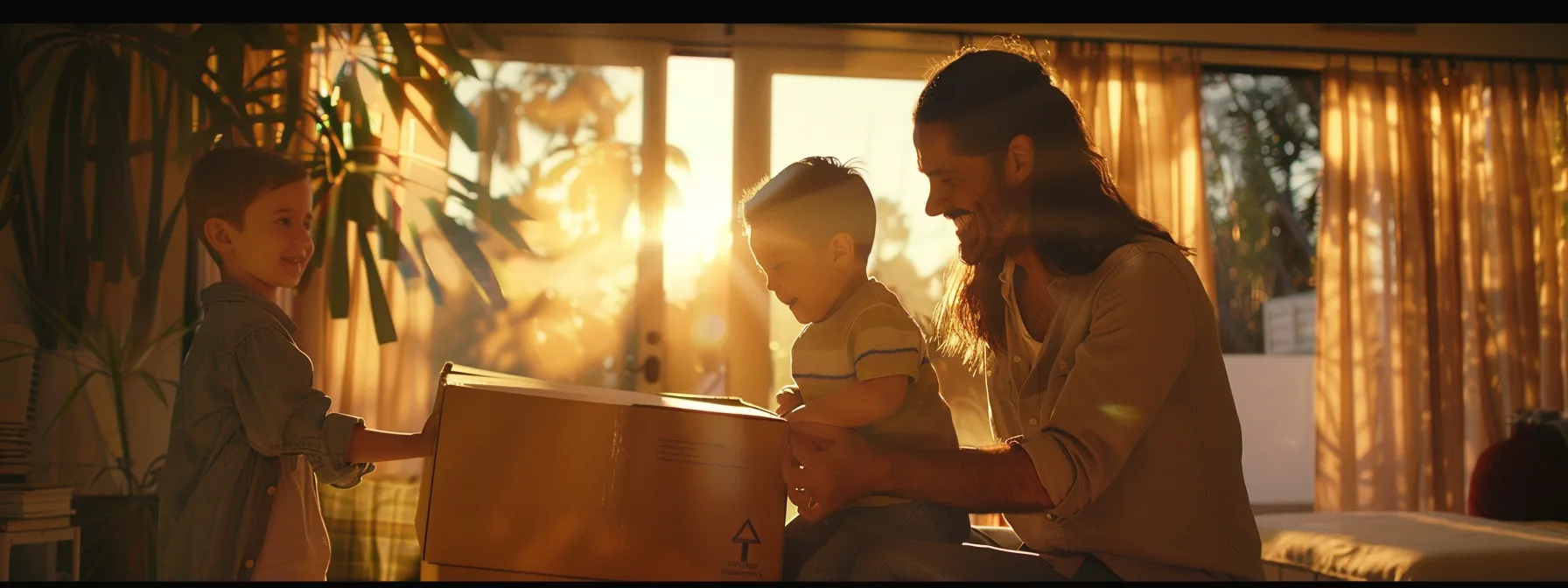 a smiling family unpacking eco-friendly boxes in their new sustainable home in los angeles.