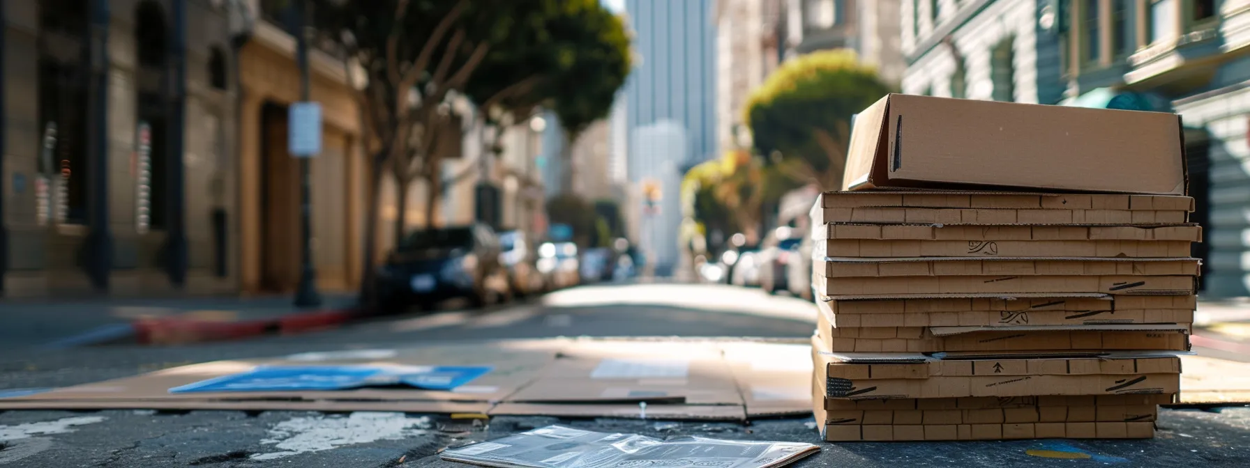 a stack of biodegradable packing materials and reusable moving boxes in downtown san francisco, promoting eco-friendly packing options for a sustainable move. a stack of biodegradable packing materials and reusable moving boxes in downtown san francisco, promoting eco-friendly packing options for a sustainable move.