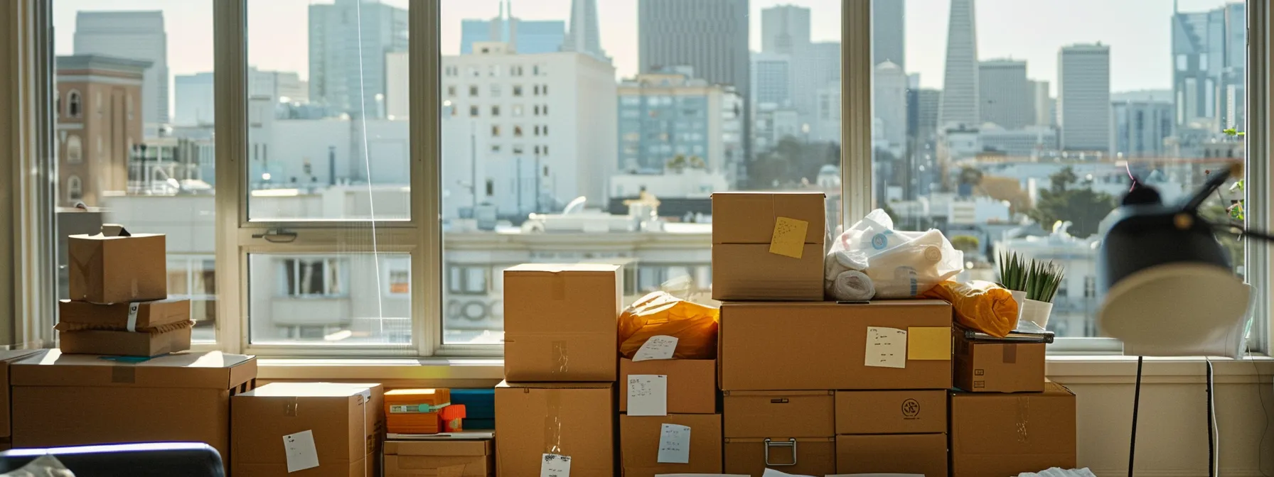 a stack of high-quality moving boxes in various sizes, bubble wrap, packing paper, tape, dispensers, furniture covers, protective blankets, labels, markers, stretch wrap, and shrink wrap arranged neatly in a room ready for packing, with the san francisco skyline visible through a window in the background. a stack of high-quality moving boxes in various sizes, bubble wrap, packing paper, tape, dispensers, furniture covers, protective blankets, labels, markers, stretch wrap, and shrink wrap arranged neatly in a room ready for packing, with the san francisco skyline visible through a window in the background.