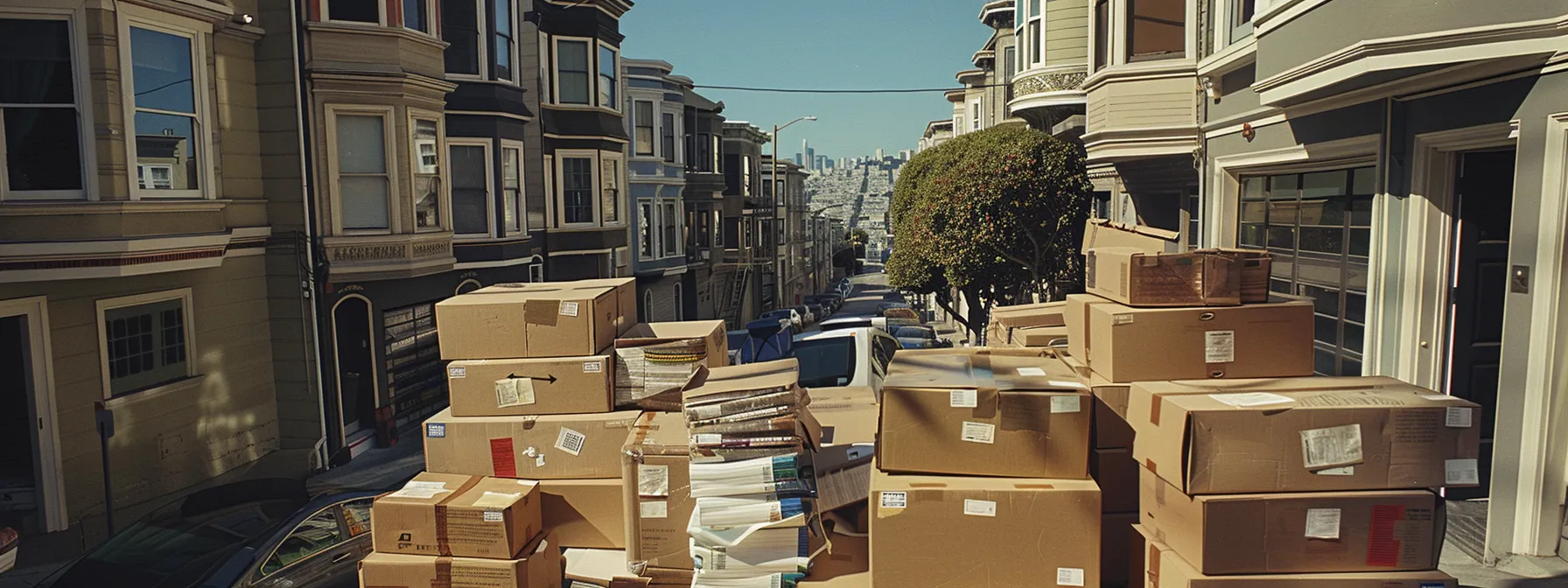a stack of labeled boxes filled with essential items for moving day in san francisco, ready to be loaded onto a moving truck.