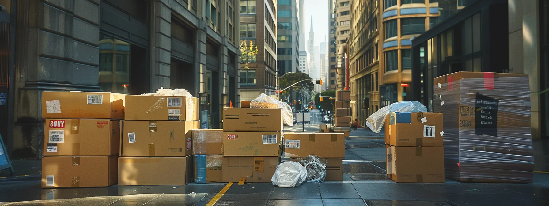 a stack of labeled moving boxes filled with office equipment, surrounded by bubble wrap and packing tape, ready for a smooth transition in a bustling downtown san francisco. a stack of labeled moving boxes filled with office equipment, surrounded by bubble wrap and packing tape, ready for a smooth transition in a bustling downtown san francisco.