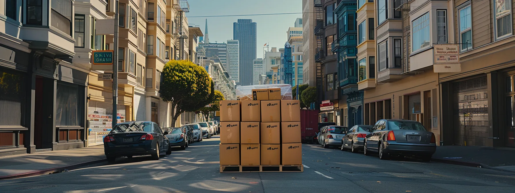 a stack of neatly labeled moving boxes surrounded by packing supplies and a moving truck, set against the backdrop of the bustling streets of downtown san francisco. a stack of neatly labeled moving boxes surrounded by packing supplies and a moving truck, set against the backdrop of the bustling streets of downtown san francisco.