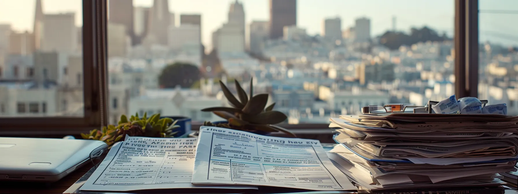 a stack of official licenses and insurance documents, with a cityscape of san francisco in the background, showcasing the importance of verifying credentials when choosing a moving company. a stack of official licenses and insurance documents, with a cityscape of san francisco in the background, showcasing the importance of verifying credentials when choosing a moving company.