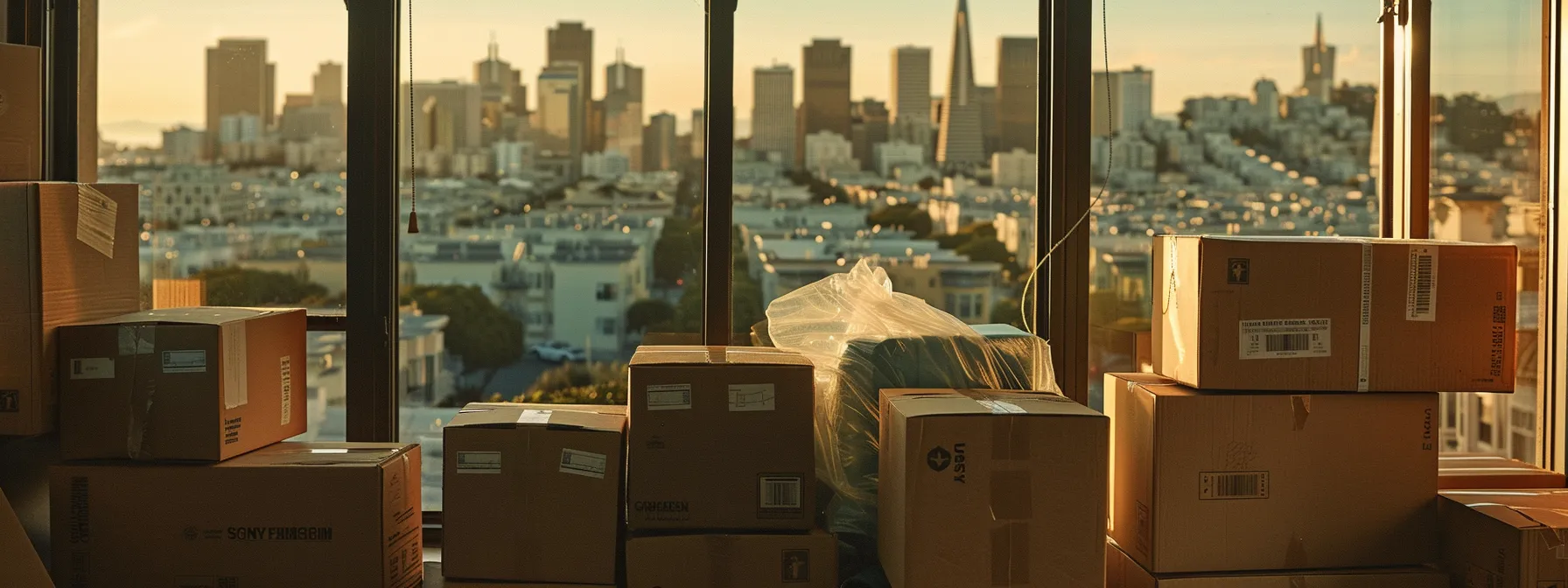 a stack of sturdy cardboard moving boxes and eco-friendly packing materials neatly arranged with a view of downtown san francisco in the background. a stack of sturdy cardboard moving boxes and eco-friendly packing materials neatly arranged with a view of downtown san francisco in the background.