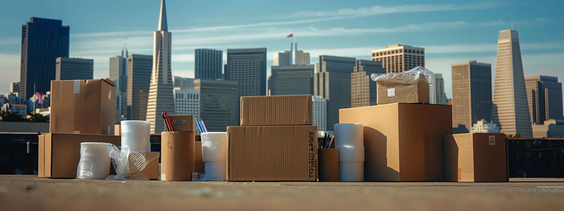 a stack of sturdy moving boxes, rolls of bubble wrap, and markers neatly arranged in front of the iconic san francisco skyline. a stack of sturdy moving boxes, rolls of bubble wrap, and markers neatly arranged in front of the iconic san francisco skyline.