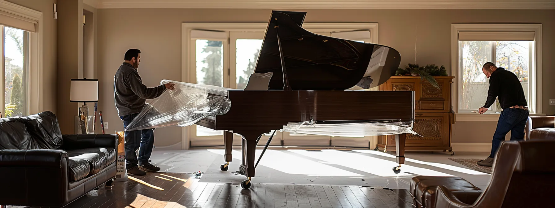 a sturdy grand piano being carefully lifted by movers in a spacious living room, showcasing expertise in piano transport in orange county. a sturdy grand piano being carefully lifted by movers in a spacious living room, showcasing expertise in piano transport in orange county.