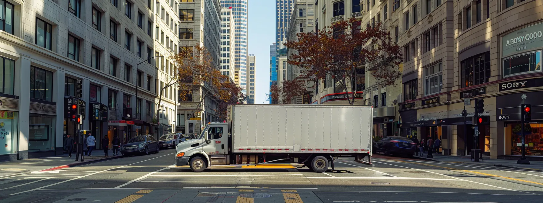 a sturdy moving truck parked on the bustling streets of downtown san francisco, ready to embark on a cross-country journey to new york, surrounded by high-rise buildings and busy city life. a sturdy moving truck parked on the bustling streets of downtown san francisco, ready to embark on a cross-country journey to new york, surrounded by high-rise buildings and busy city life.