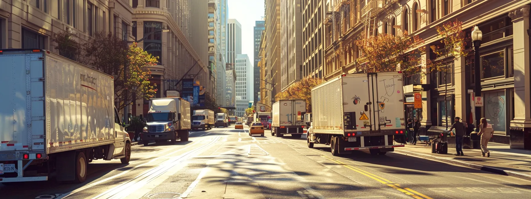 a sunny day in downtown san francisco, showing a bustling street filled with moving trucks from reputable companies like allied van lines, while customers compare quotes and services on their smartphones. a sunny day in downtown san francisco, showing a bustling street filled with moving trucks from reputable companies like allied van lines, while customers compare quotes and services on their smartphones.