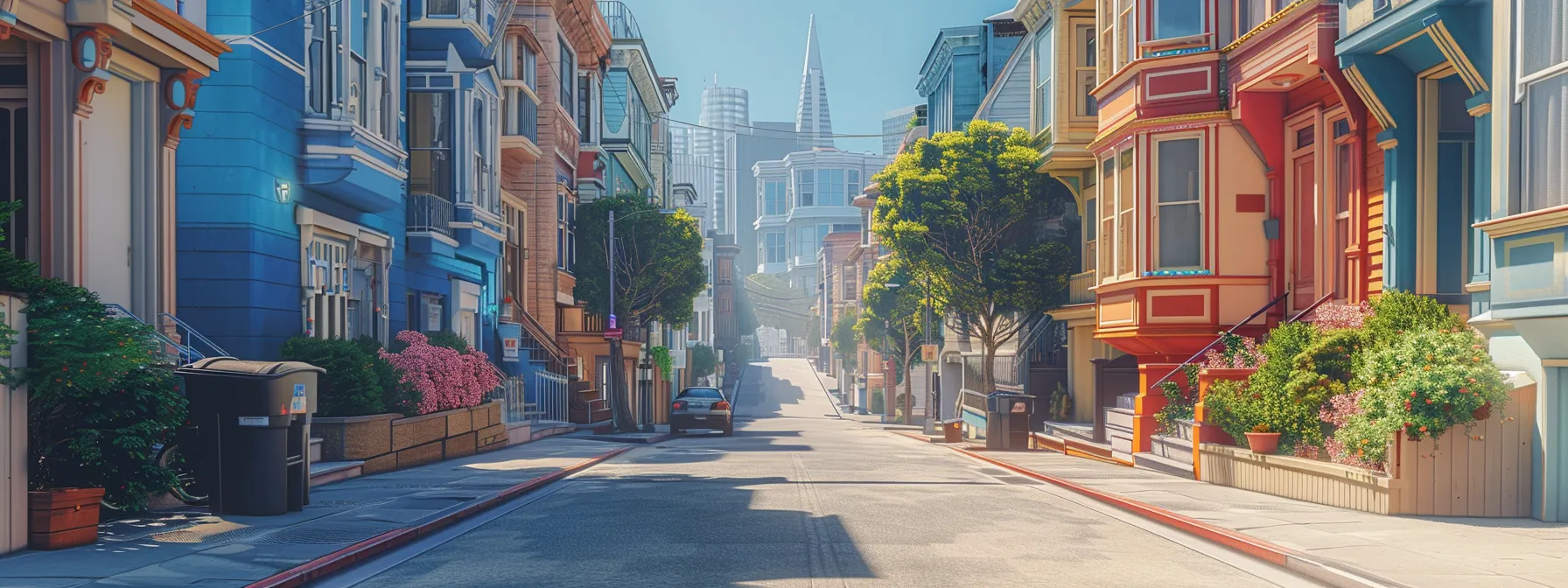 a sunny street in downtown san francisco lined with colorful victorian houses and bustling with locals exploring vibrant neighborhood amenities. a sunny street in downtown san francisco lined with colorful victorian houses and bustling with locals exploring vibrant neighborhood amenities.