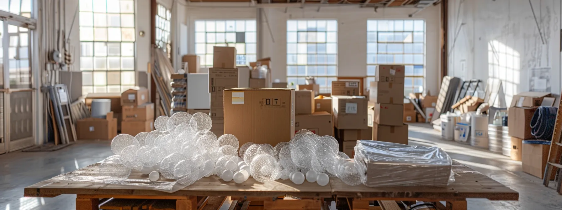 a table covered with bubble wrap and moving boxes in downtown san francisco, ready for a smooth interstate move. a table covered with bubble wrap and moving boxes in downtown san francisco, ready for a smooth interstate move.