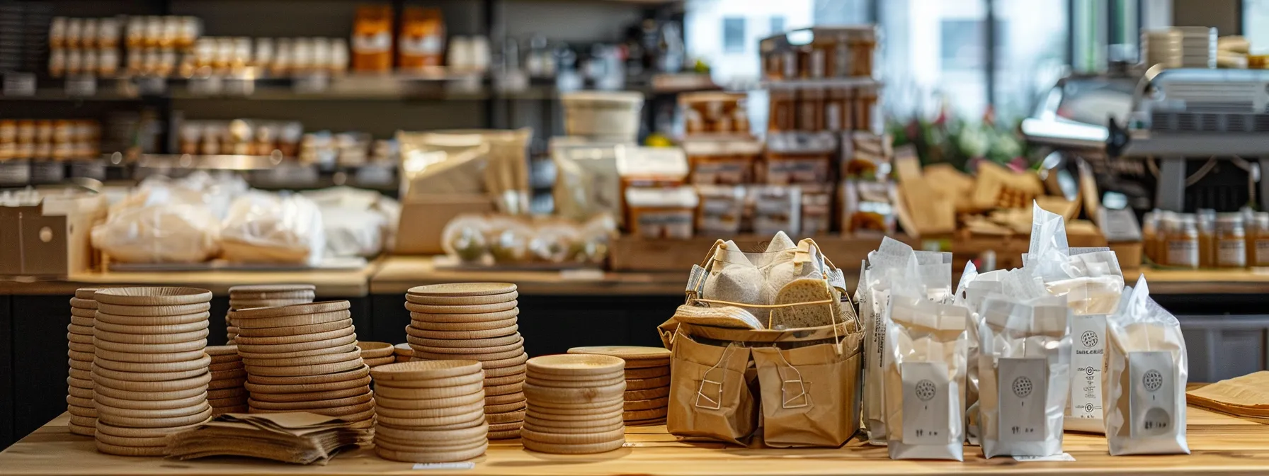 a table filled with various affordable eco-friendly packing materials made from bioplastic, fiber, and starch, in a bustling store in downtown san francisco. a table filled with various affordable eco-friendly packing materials made from bioplastic, fiber, and starch, in a bustling store in downtown san francisco.