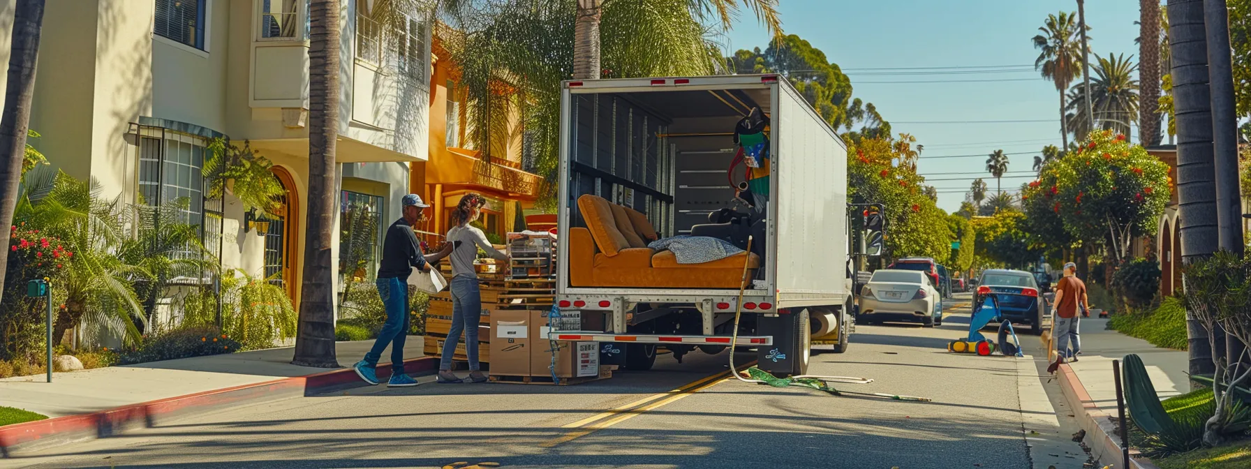 a team of efficient movers carefully loading a colorful sofa into a spacious moving truck in a sunny los angeles neighborhood. a team of efficient movers carefully loading a colorful sofa into a spacious moving truck in a sunny los angeles neighborhood.