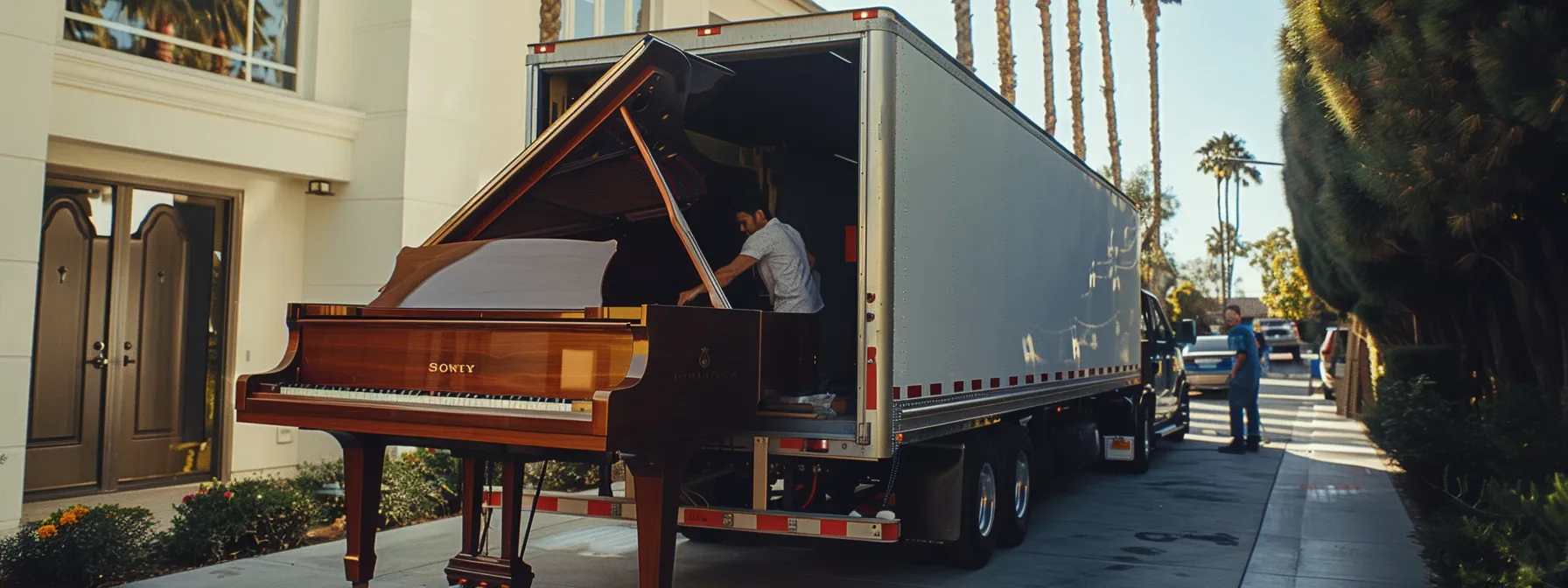 a team of efficient movers swiftly loading a grand piano into a moving truck in orange county. a team of efficient movers swiftly loading a grand piano into a moving truck in orange county.