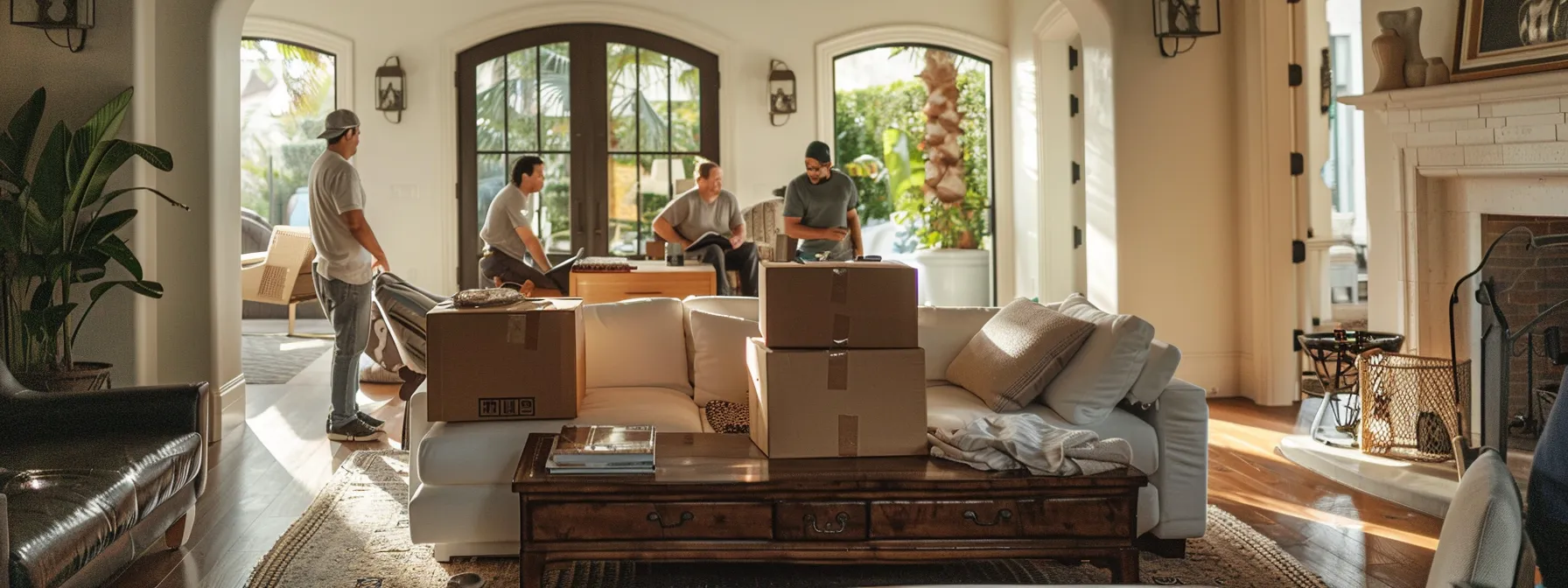 a team of expert movers carefully handling luxurious furniture in a stylish los angeles home, showcasing professionalism and attention to detail. a team of expert movers carefully handling luxurious furniture in a stylish los angeles home, showcasing professionalism and attention to detail.