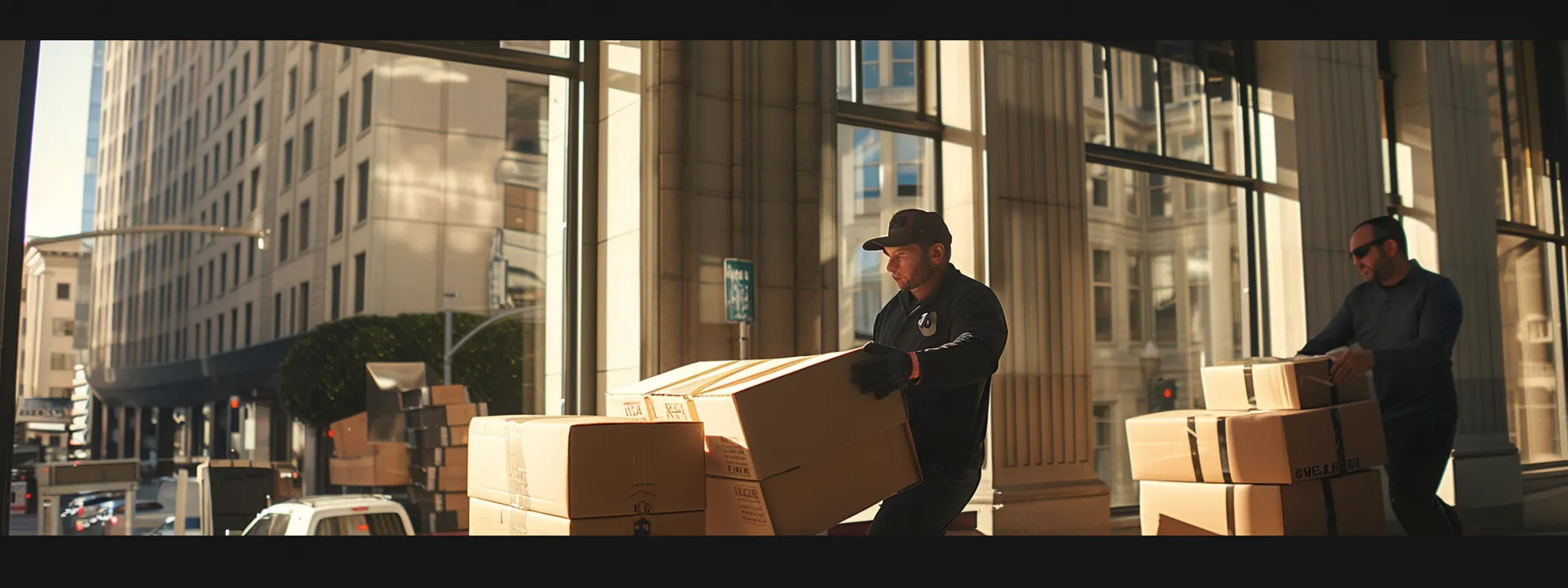 a team of focused movers swiftly transferring office equipment in the heart of downtown san francisco. a team of focused movers swiftly transferring office equipment in the heart of downtown san francisco.