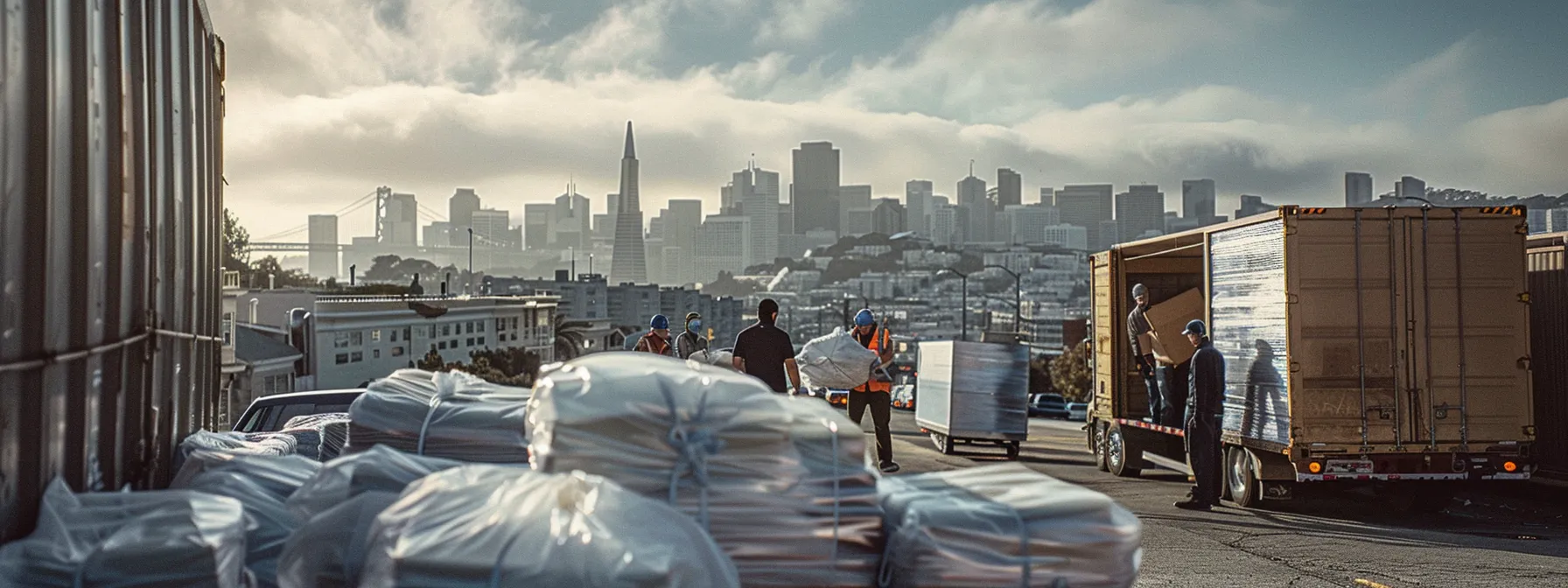 a team of local movers carefully wrapping delicate items in protective bubble wrap and stacking them securely in a moving truck, with downtown san francisco skyline in the background.