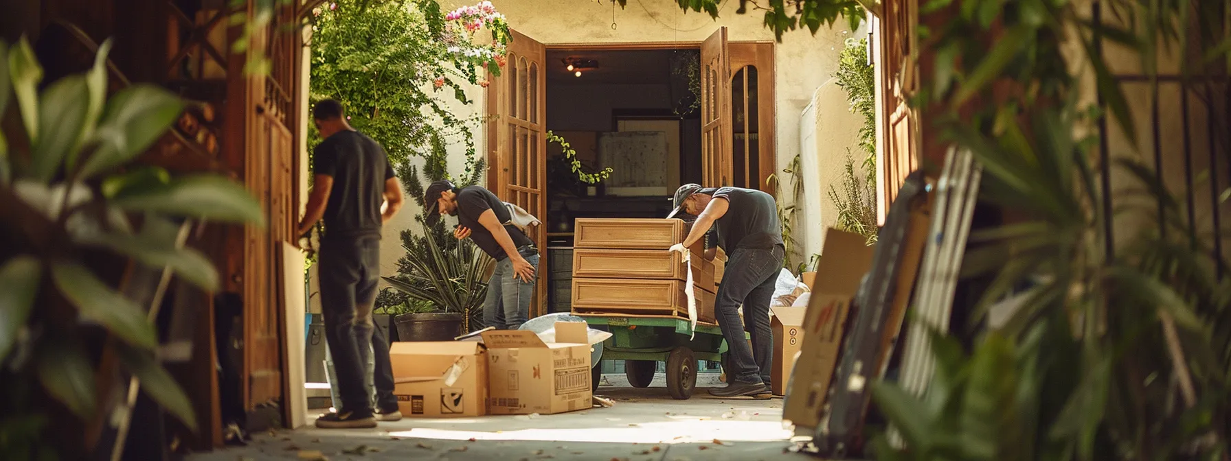 a team of movers carefully transporting antique furniture through a narrow doorway in los angeles, surrounded by packing materials and moving boxes.