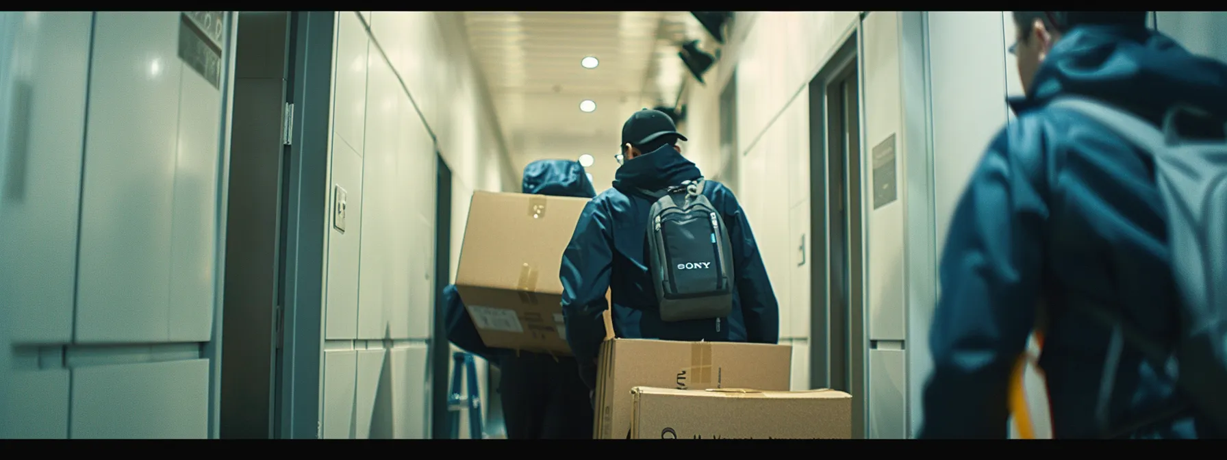 a team of movers expertly navigating narrow office corridors, equipped with advanced tools and gear, ensuring a smooth business relocation in downtown san francisco. a team of movers expertly navigating narrow office corridors, equipped with advanced tools and gear, ensuring a smooth business relocation in downtown san francisco.