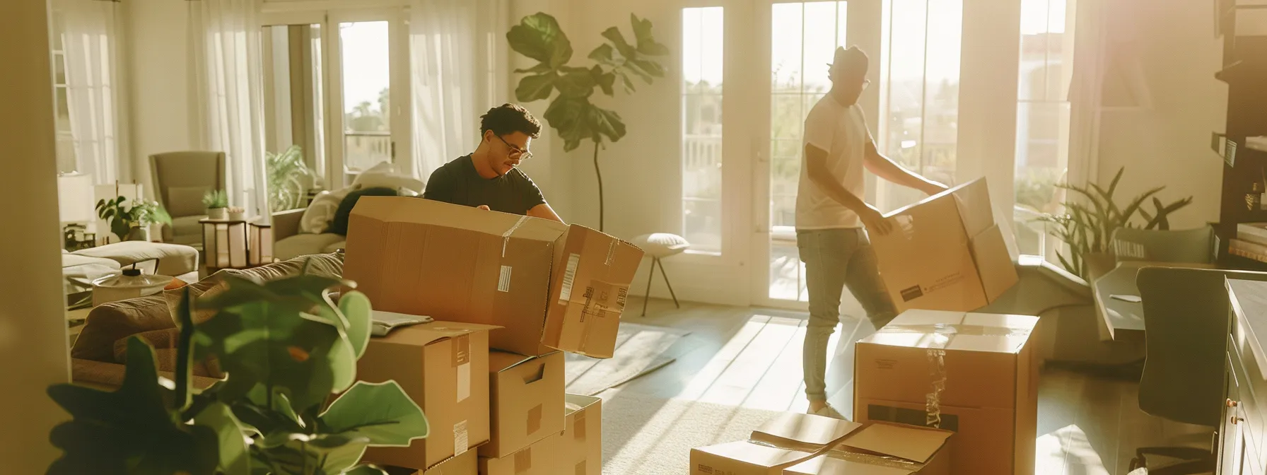 a team of movers using biodegradable packaging materials carefully packing belongings in a modern los angeles home.