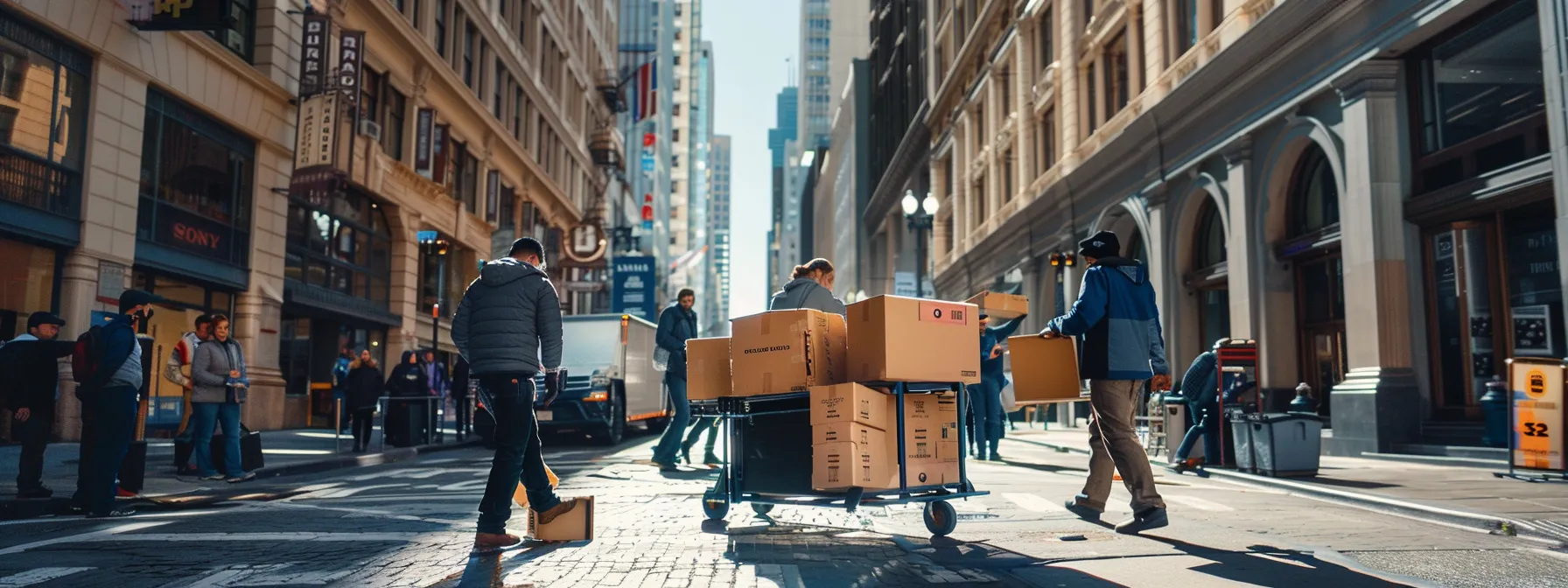 a team of office movers carefully transporting desks and equipment through the bustling streets of downtown san francisco.