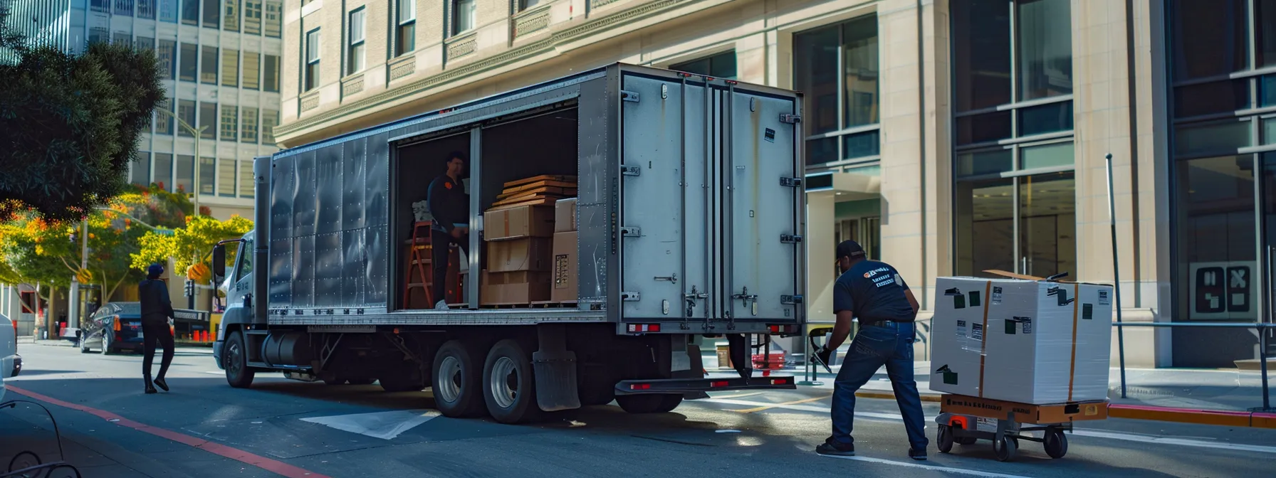 a team of professional commercial movers efficiently packing and loading office furniture onto a moving truck in downtown san francisco. a team of professional commercial movers efficiently packing and loading office furniture onto a moving truck in downtown san francisco.
