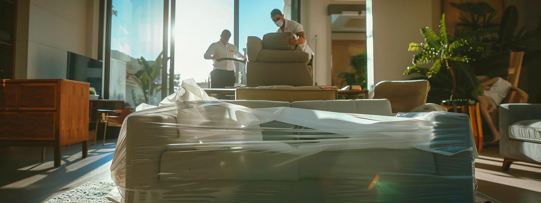a team of professional furniture movers carefully wrapping and securing a sleek, modern sofa in a spacious, well-lit room in los angeles.