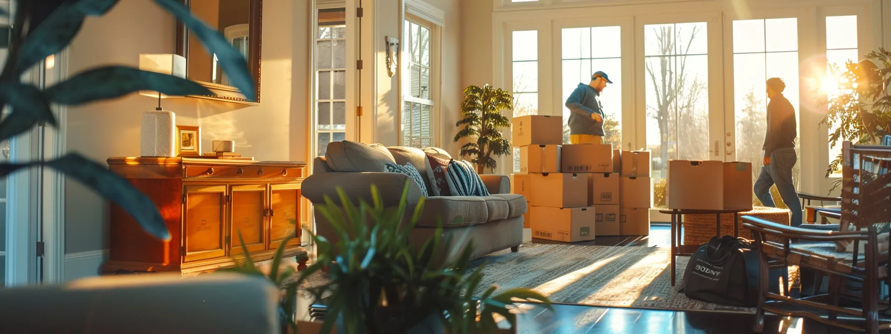 a team of professional movers carefully maneuver a large, plush sofa out of a spacious living room, surrounded by neatly organized boxes and a checklist for a stress-free, seamless move.