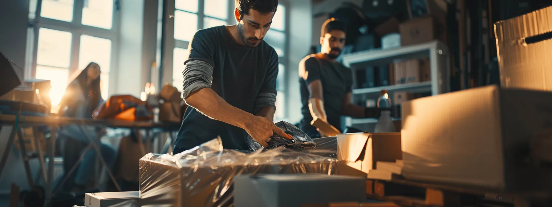 a team of professional movers carefully wrapping delicate items in high-quality materials for a seamless transition.