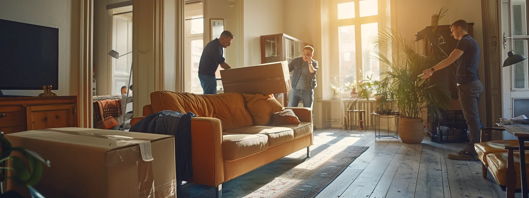 a team of professional movers carefully transporting a large, sleek sofa through a narrow doorway into a bright and spacious living room.