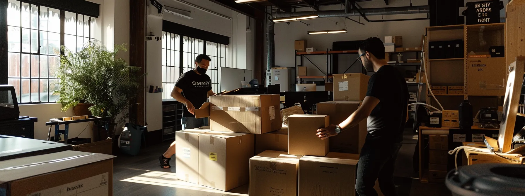 a team of professional movers carefully packing boxes in an organized office space, preparing for a seamless relocation process. a team of professional movers carefully packing boxes in an organized office space, preparing for a seamless relocation process.