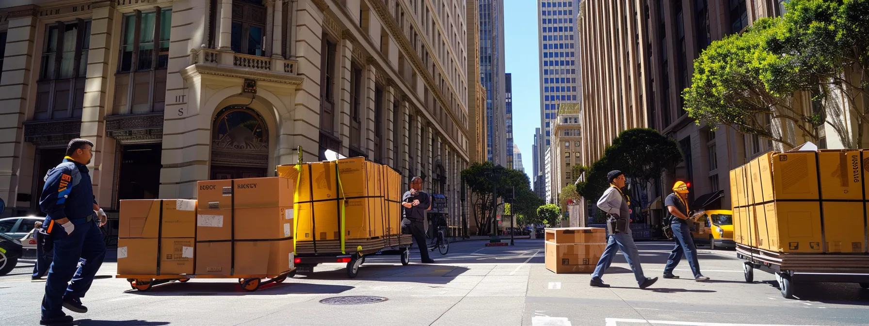 a team of professional office movers and packers carefully transporting large furniture through the bustling streets of downtown san francisco, showcasing efficiency and expertise in handling office relocations in tight spaces. a team of professional office movers and packers carefully transporting large furniture through the bustling streets of downtown san francisco, showcasing efficiency and expertise in handling office relocations in tight spaces.