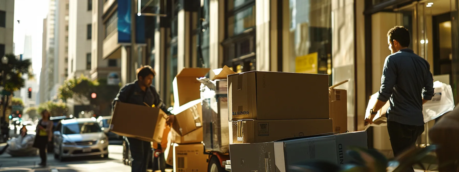 a team of professional office movers carefully packing and transporting specialized equipment in the bustling downtown of san francisco. a team of professional office movers carefully packing and transporting specialized equipment in the bustling downtown of san francisco.