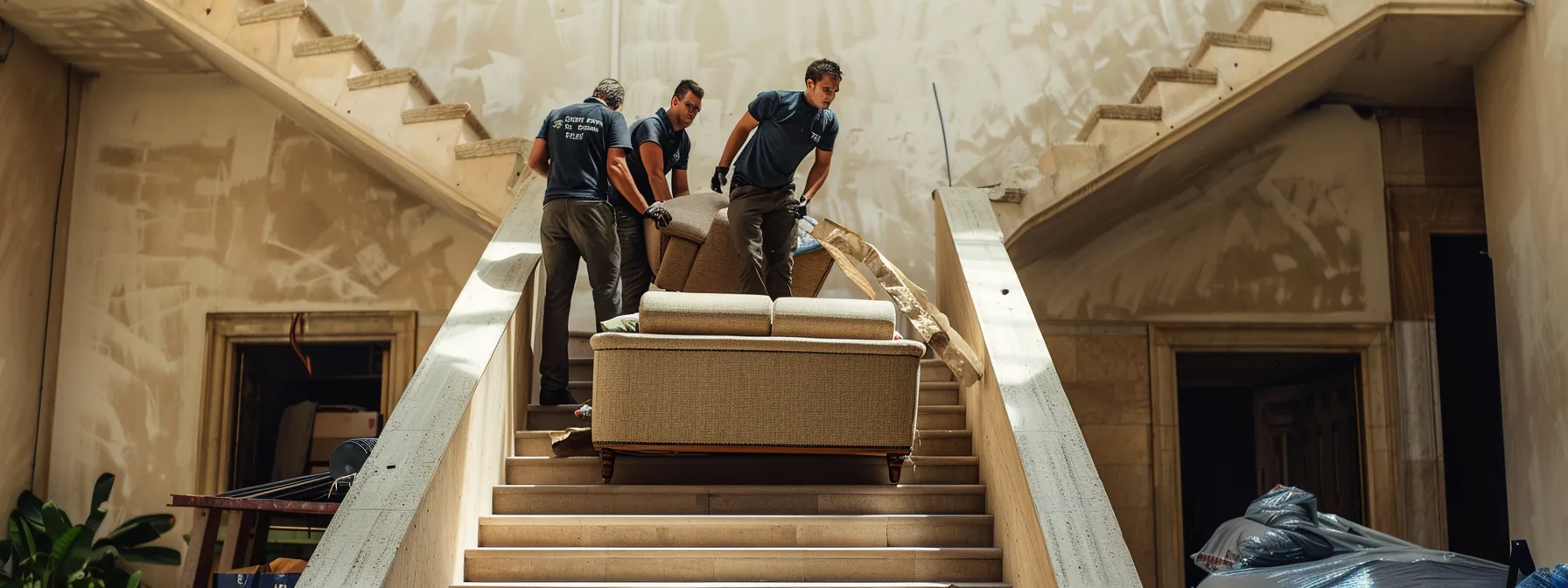 a team of professionals effortlessly maneuvering a large and bulky couch down a narrow staircase, showcasing their expertise in furniture moves.