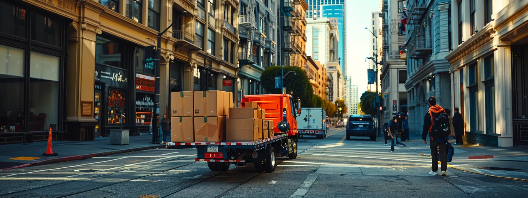 a team of skilled commercial movers carefully transporting office equipment through the bustling streets of san francisco's downtown area. a team of skilled commercial movers carefully transporting office equipment through the bustling streets of san francisco's downtown area.