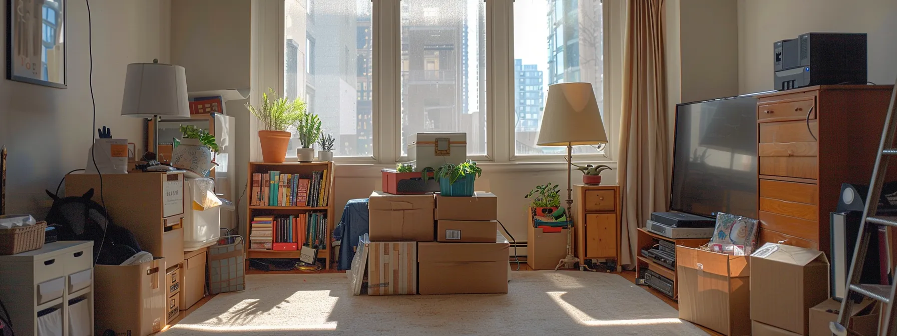 a tidy living room with neatly organized belongings ready for a move in downtown san francisco.