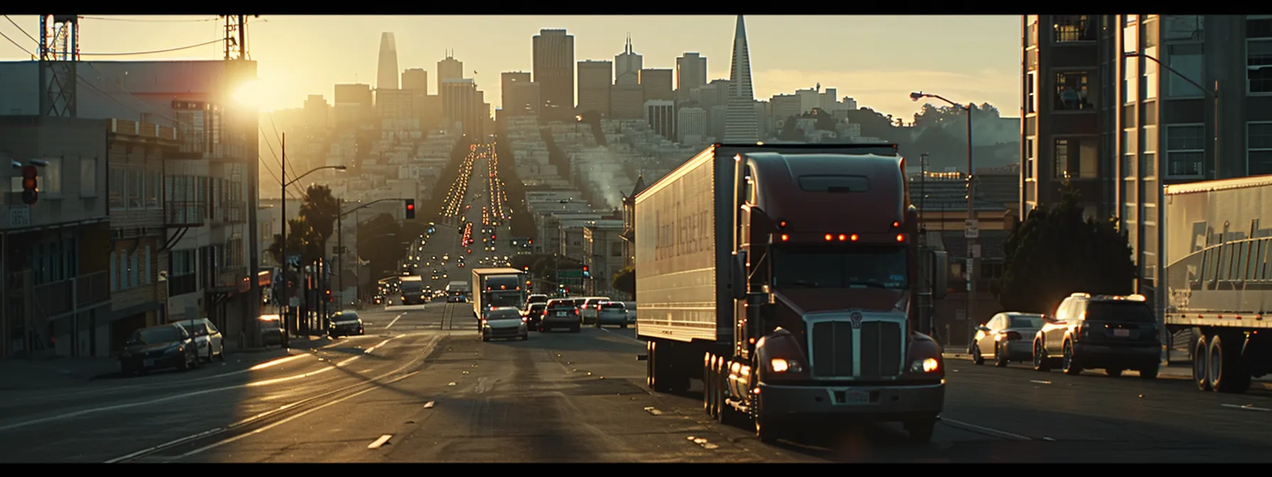 a towering skyline with moving trucks and cranes against the backdrop of hilly streets, showcasing the bustling cityscape of san francisco. a towering skyline with moving trucks and cranes against the backdrop of hilly streets, showcasing the bustling cityscape of san francisco.