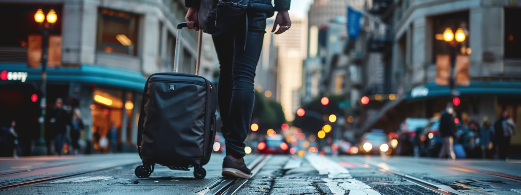 a traveler pulling a lightweight and durable carry-on suitcase through the bustling streets of downtown san francisco. a traveler pulling a lightweight and durable carry-on suitcase through the bustling streets of downtown san francisco.