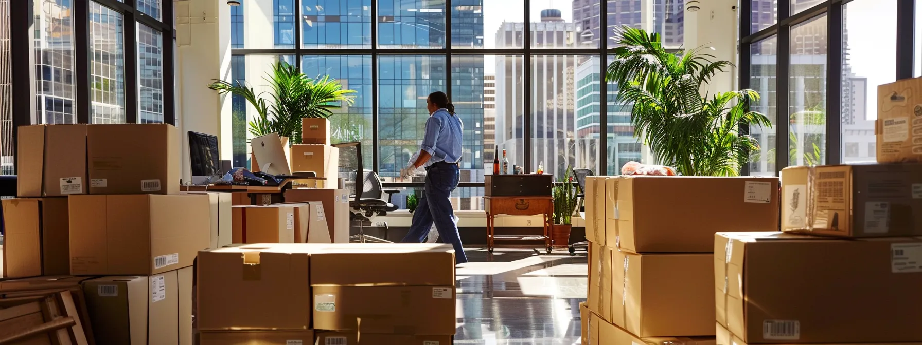 a vibrant downtown office bustling with activity as professional movers efficiently relocate furniture and supplies, surrounded by satisfied clients offering glowing testimonials.