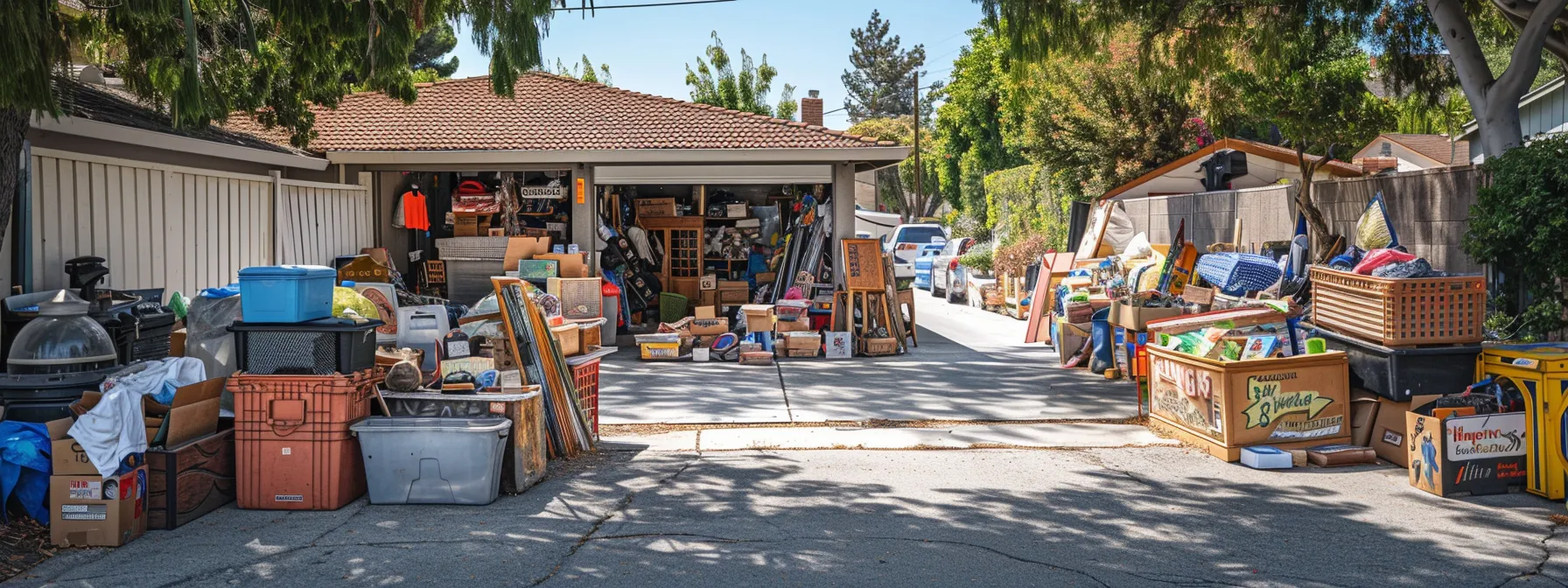 a vibrant garage sale in irvine, ca showcasing a variety of donated items to minimize waste during a move.