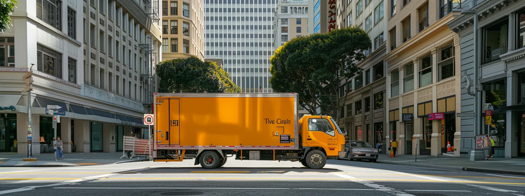 a vibrant local moving company truck parked in the heart of downtown san francisco, showcasing community support and economic impact.