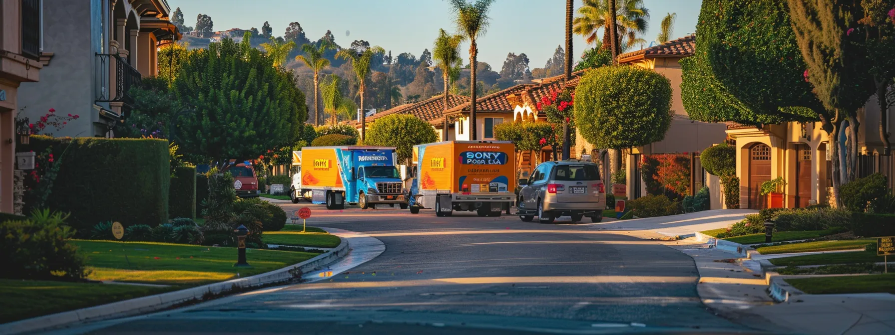 a vibrant moving truck convoy parked in a scenic orange county neighborhood, showcasing the top-rated local moving companies with colorful logos and satisfied customers. a vibrant moving truck convoy parked in a scenic orange county neighborhood, showcasing the top-rated local moving companies with colorful logos and satisfied customers.