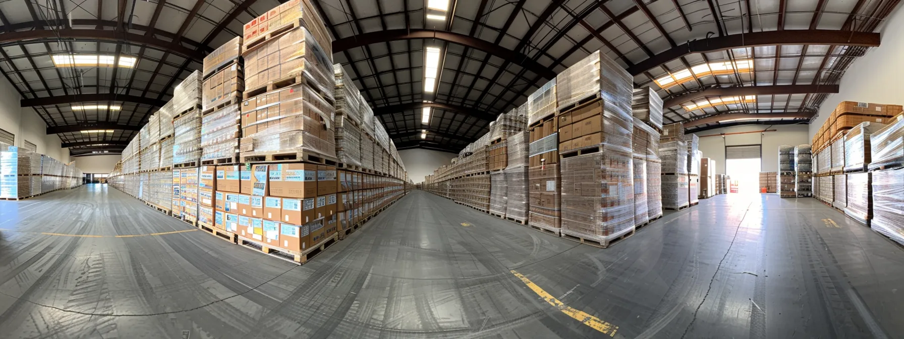 a warehouse in irvine, ca filled with stacks of custom printed boxes and pallets from local orange county packing suppliers. a warehouse in irvine, ca filled with stacks of custom printed boxes and pallets from local orange county packing suppliers.