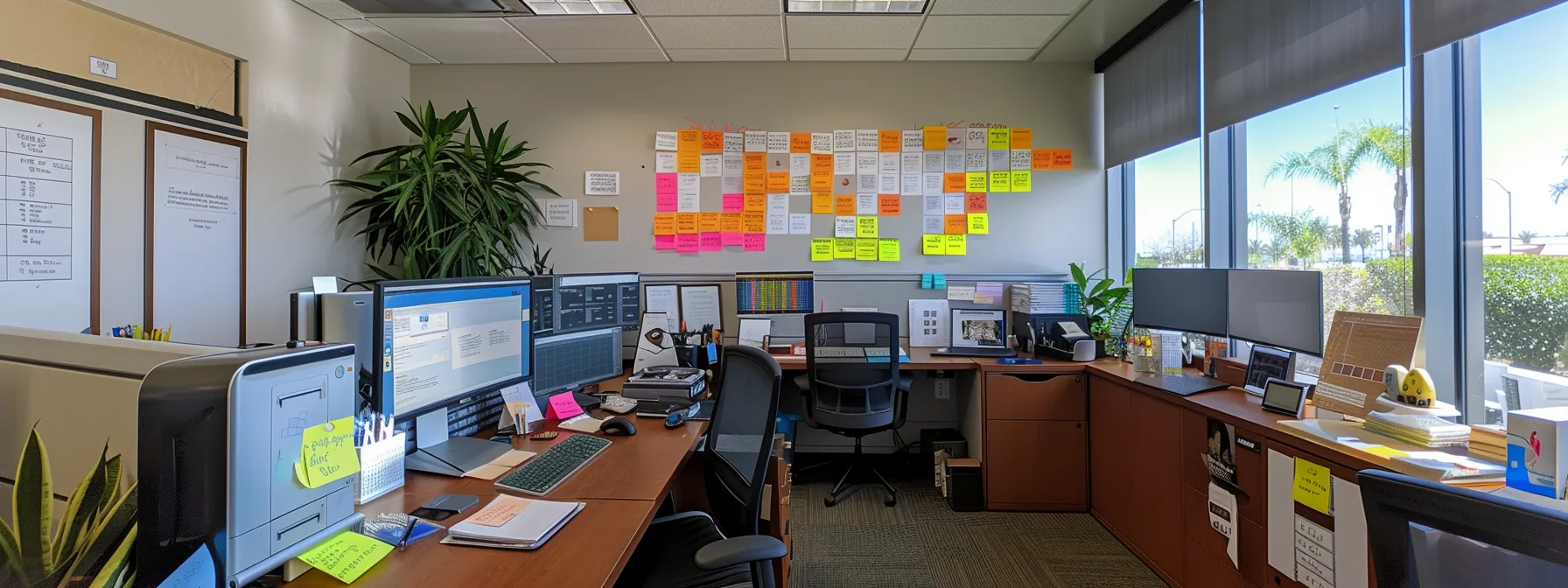 a well-organized office relocation checklist displayed on a desk in irvine, ca, with checkboxes ticked off and colorful sticky notes for reminders.