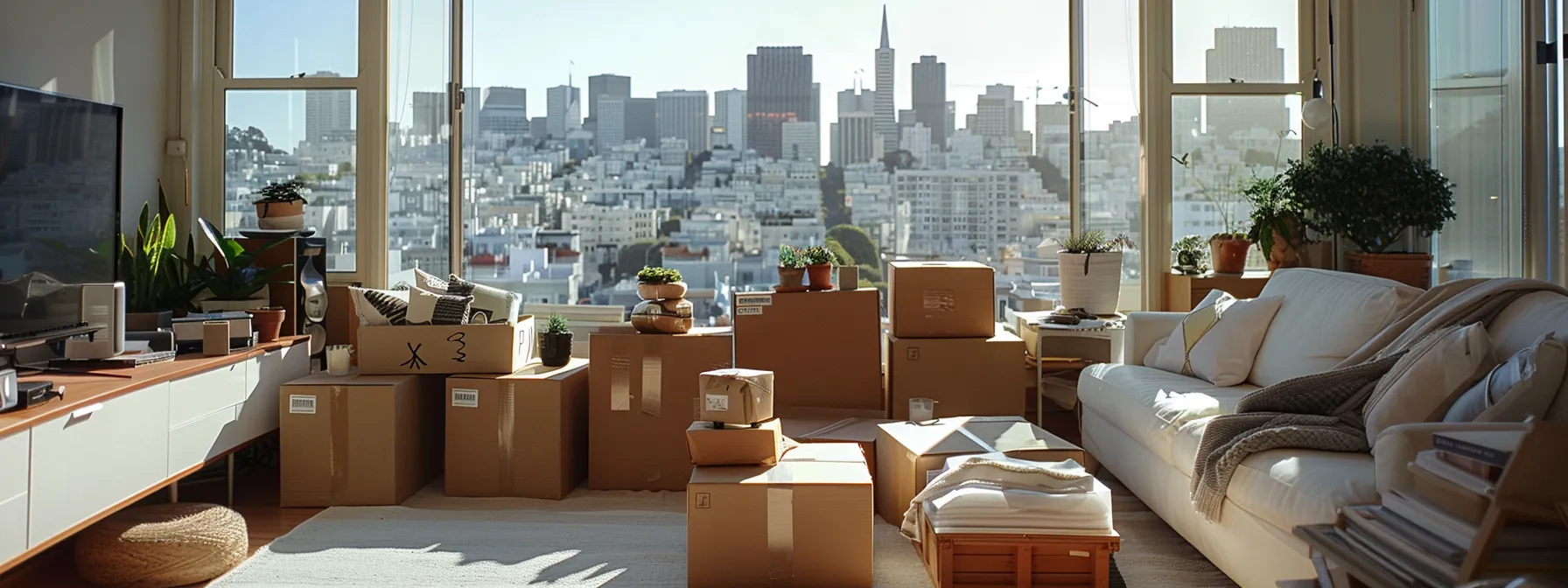 a well-organized living room with moving boxes labeled and stacked neatly against a backdrop of san francisco's iconic skyline.